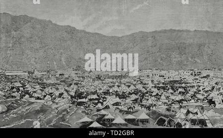 Las perigraciones mahometanas. Campamento de peregrinos musulmanes de Manoa, cerca de La Meca. Grabado. La Ilustración Española y Americana, 30 de marzo de 1882. Stockfoto