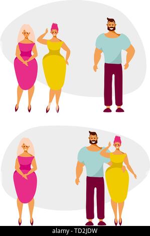 Liebe, das Datum und die Beziehung zwischen einem Mann und zwei Frauen. Comicfiguren auf ein Datum. Vector Illustration im flachen Stil. Stock Vektor