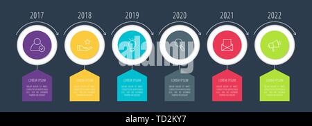 Moderne 3D-Vektor Illustration. Kreisförmige Infografik Vorlage mit sechs Elementen. Symbole und Text. Für Business, Präsentationen, Web Design Stock Vektor