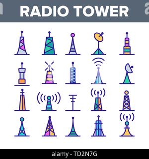 Radio Türme und Masten Vector Linear Symbole gesetzt Stock Vektor