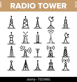 Radio Türme und Masten Vector Linear Symbole gesetzt Stock Vektor
