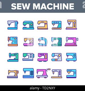 Nähmaschinen, maßgeschneiderte Anlagen Vector Linear Symbole gesetzt Stock Vektor