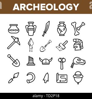 Archäologische Ausgrabungen Vector Linear Werkzeuge und Symbole festlegen Stock Vektor