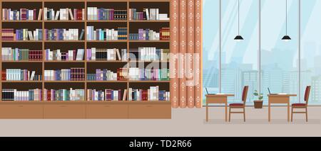 Moderne Einrichtung mit großen Bücherregal und große Fenster mit Stadtbild auf Hintergrund. Vector Illustration. Stock Vektor