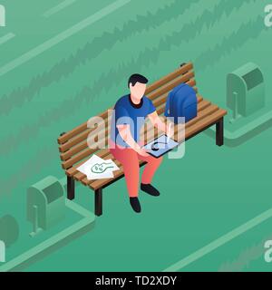 Junge Arbeit auf parkbank Konzept Hintergrund. Isometrische Darstellung der junge Arbeit auf parkbank Vektor Konzept Hintergrund für Web Design Stock Vektor