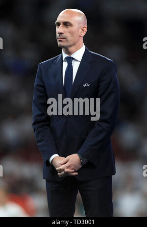 Luis Rubiales, Präsident der königlichen spanischen Fußball-Verband nach dem Finale der UEFA Champions League am Wanda Metropolitano, Madrid. Stockfoto