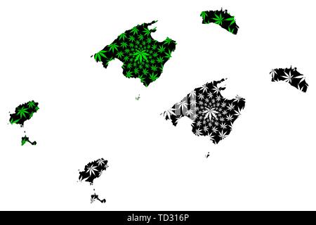 Balearen (Spanien, autonome Gemeinschaft) Karte cannabis Blatt grün und schwarz, Mallorca, Menorca, Ibiza und Formentera Karte m ausgelegt ist Stock Vektor