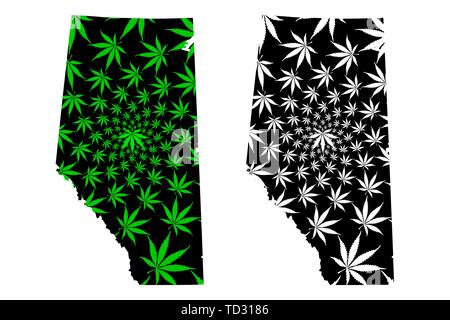 Alberta (Provinzen und Territorien Kanadas) Karte ist Cannabis blatt grün und schwarz ausgelegt, Alberta Karte aus Marihuana (Marihuana, THC) Laub, Stock Vektor
