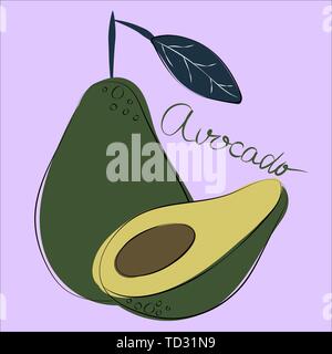 Vector Illustration des Ganzen und geschnittenen Avocados auf Pastell lila Hintergrund Stock Vektor