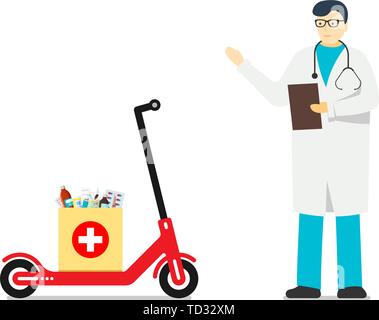 Medizinische versand apotheke. Weißer Mann Arzt in Gläsern und einheitliche Kleid mit Stethoskop stehen neben roten Elektroroller mit Medikamenten versorgt p Stock Vektor