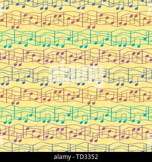Funky multicolor Noten auf Doodle gesäumt Personal in gestreiften Effekt geometrischen Design. Die nahtlose Vektor Muster auf gelben Hintergrund. Große Stock Vektor