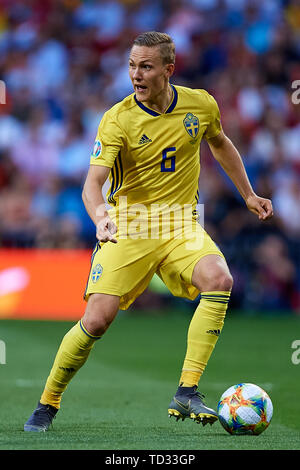 MADRID, Spanien - 10. Juni: Ludwig Augustinsson von Schweden in Aktion während der UEFA EURO 2020 qualifier Match zwischen Schweden und Spanien in Santiago Bernabeu am 10. Juni 2019 in Madrid, Spanien. (Foto von David Aliaga/MB Medien) Stockfoto