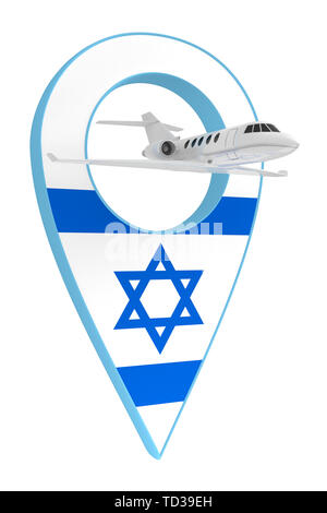 Eigenes Flugzeug mit Pin navigation Flagge Israel. 3D-Rendering Stockfoto