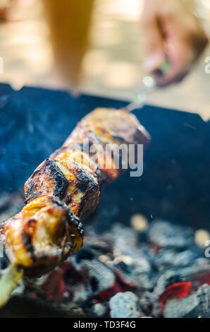 Kebab Hähnchenfleisch auf einem Spieß auf heißen Kohlen. Kochen im Freien Prozess Stockfoto