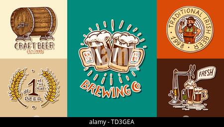 Vintage Bier Poster. Cheers Toast. Eingestellt von alkoholischen Etiketten mit kalligrafischen Elementen. American Banner. Handskizze Schriftzug für Web gezeichnet eingraviert Stock Vektor
