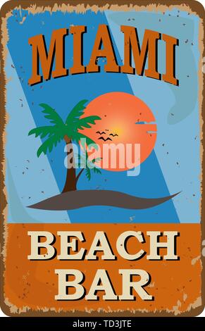 Miami Beach bar Oldtimer rostiges Metall Zeichen auf weißem Hintergrund, Vector Illustration Stock Vektor