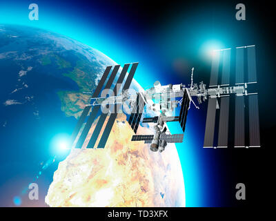 Die Internationale Raumstation (ISS) ist eine Raumstation oder einen Bewohnbaren künstlichen Satelliten im erdnahen Orbit. Sat-Blick auf die Erde und ISS Stockfoto