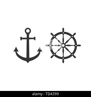 Schiffs Steuerrad, Anker-Symbol. Vector Illustration, flache Bauform. Stock Vektor