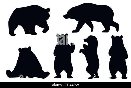 Schwarze Silhouette von Grizzly Bären. Nordamerika Tier, Braunbär. Cartoon animal Design. Flache Vector Illustration auf weißem Hintergrund. Stock Vektor