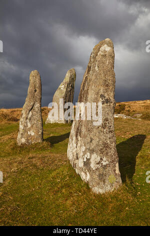 Standing Stones an der prähistorischen Scorhill Stone Circle, auf Gidleigh Gemeinsame, Nationalpark Dartmoor, Devon, England, Vereinigtes Königreich, Europa Stockfoto