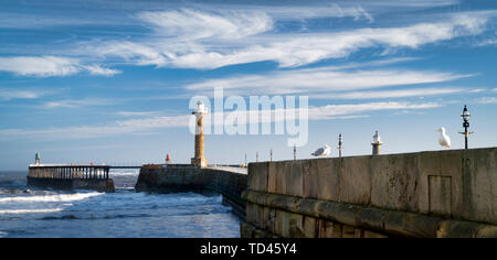 Whitby West Pier Panorama und Leuchttürme, Whitby, North Yorkshire, Yorkshire, England, Vereinigtes Königreich, Europa Stockfoto