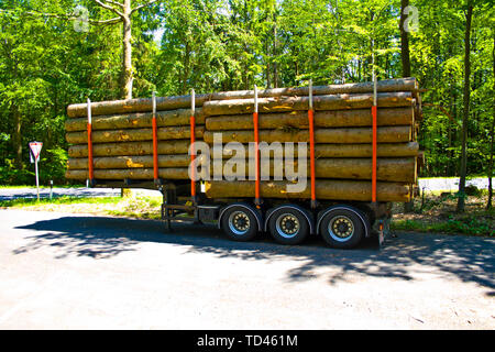 Voll LKW-Anhänger mit Holzpaletten ohne Lkw auf einem Parkplatz geladen Stockfoto