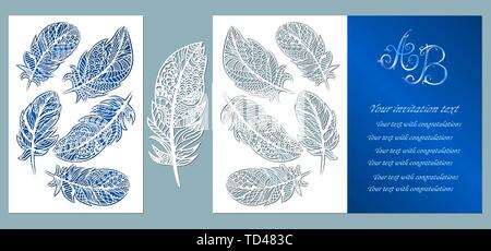Hochzeit Einladung. Grußkarte mit Federn. Umschlag mock up für Laserschneiden. Vorlage für Laser, Plotter schneiden. blau Stock Vektor