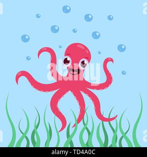 Eine fröhliche, niedlichen Oktopus lächelt unter Wasser im Meer Vektor Grafik im Comic-Stil. Stock Vektor