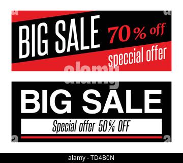 Satz von zwei Verkauf banner Vorlagen, auf weißem Hintergrund. Moderne Web Banner. Große Rabatte, Angebot, Preis. Schwarz, Rot und Weiß. Vektor. Stock Vektor
