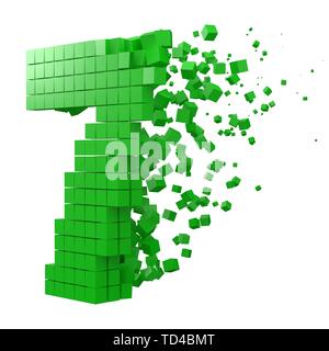 Nummer 7 geformte Datenbaustein. Version mit grünen Würfel. 3D-Pixel style Vector Illustration. Geeignet für blockchain, Technik, Computer und abstrakte t Stock Vektor