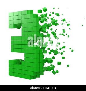 Nummer 3 geformte Datenbaustein. Version mit grünen Würfel. 3D-Pixel style Vector Illustration. Geeignet für blockchain, Technik, Computer und abstrakte t Stock Vektor
