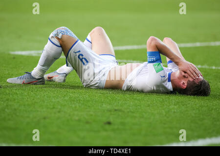 Gdynia, Polen. 11 Juni, 2019. Andrea Pinamonti Italiens sieht unglücklich Nach der FIFA U-20 WM-Spiel zwischen der Ukraine und Italien (Halbfinale) in Gdynia. (Endstand; Ukraine 1 : 0 Italien) Credit: SOPA Images Limited/Alamy leben Nachrichten Stockfoto