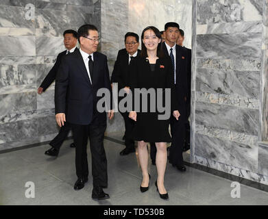 Paju, Europa, Deutschland, Baden-Württemberg, Südkorea. 12 Juni, 2019. Juni 12, 2019 - Paju, South Korea-In dieses Foto, durch die Vereinigung Ministerium, zeigt Chung Eui-yong (L), der Leiter des Südkoreanischen Präsidenten der Nationalen Sicherheit Büro und nordkoreanischen Führer Kim Jong-un-Schwester, Kim Yo-jong (R) Spaziergang mit reden nach dem Treffen an der Grenze Dorf Panmunjom am 12. Juni 2019. Nordkoreanischen Führer Kim Jong-un schickte ein beileidschreiben und Blumen in Südkorea über seine Schwester am Mittwoch über den Tod des ehemaligen First Lady Lee Hee-ho. Credit: Koreanische Wiedervereinigung Ministr/ZUMA Draht/Alamy leben Nachrichten Stockfoto