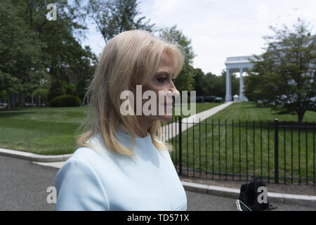 Washington DC, USA. 12 Juni, 2019. Berater des Präsidenten der Vereinigten Staaten, KELLYANNE CONWAY, im Gespräch mit Reportern im Norden Einfahrt des Weißen Hauses, Juni 12, 2019 Credit: Douglas Christian/ZUMA Draht/Alamy leben Nachrichten Stockfoto