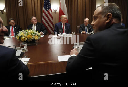 Der polnische Präsident Andrzej Duda (R) und (weit Seite L-R) US-amerikanische Energieminister Rick Perry, US-Außenminister Mike Pompeo, US-Präsident Donald J. Trumpf und US-Handelsminister Wilbur Ross während eines Mittagessens im Schaltschrank des Weißen Hauses in Washington, DC, USA, 12. Juni 2019. Später am Tag Präsident Trump und Präsident Duda wird in einer Zeremonie teilnehmen, Militär, militärische Zusammenarbeit, unter anderem den Kauf von F-35 Kampfflugzeuge und eine erhöhte US-Truppen in Polen zu erhöhen. Credit: Shawn Thew/Pool über CNP | Verwendung weltweit Stockfoto