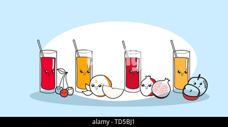 Satz von verschiedenen Saft Gläser mit reifen Früchten cartoon Comic glücklich lächelnde Gesichter emoji kawaii Hand gezeichneten Stil frischen Drink Konzept Stock Vektor