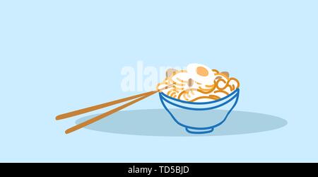 Leckere Nudeln, Ramen mit gekochtem Ei traditionelle asiatische Lebensmittel Konzept hand gezeichnete Skizze doodle horizontal Stock Vektor
