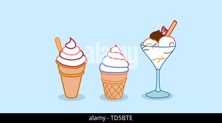 Verschiedene Eisbecher süßes Dessert essen Konzept Skizze horizontal Stock Vektor