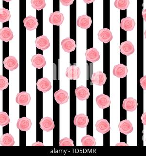 Vector vintage rosa Rosen und Blätter auf schwarz gestreiften Hintergrund nahtlose Muster wiederholen. Toll für Retro Fabric, Tapeten, scrapbooking Projekte. Stock Vektor