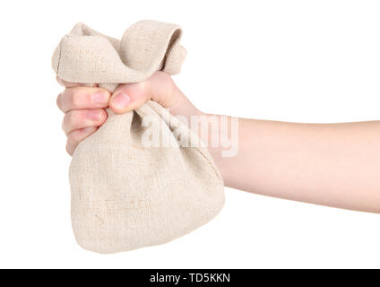 Kleine Sack in der Hand, isoliert auf weißem Stockfoto
