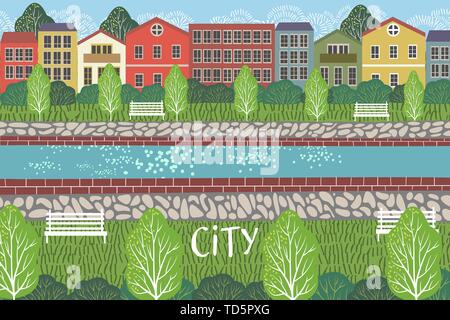 Fußgängerzone. Cute Stadtbild Vector Illustration mit Fluß, Gebäude, Häuser und Bäume. Städtische Szene Zeichnung Stock Vektor