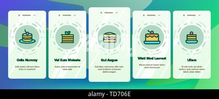 Süße Käsekuchen, Bäckerei Vektor Onboarding Mobile App Seite Bildschirm Stock Vektor