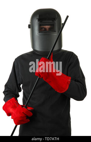 Portrait von Schweißer in der Maske, isoliert auf weißem Stockfoto