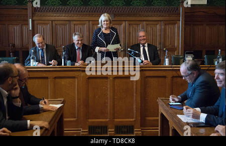 Dame Cheryl Gillan (Mitte) mit Charles Walker (Mitte links) und Bob Blackman (Mitte rechts) liest die Ergebnisse der im ersten Wahlgang der Tory Führung Abstimmung im Parlament in Westminster, London. Stockfoto
