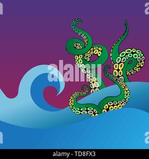 Octopus Tentakel in den Wellen des Meeres. Unterwasser ocean Monster Kraken. Cartoon japanische Tintenfisch Tintenfisch cartoon Vector Illustration für Web und Print Decora Stock Vektor