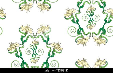 Lily nahtlose Muster auf weißem Hintergrund im Licht biege Farbe, kreative Hand zeichnen vector Hintergrund, floral Textur, botanische Liliaceae. Stock Vektor
