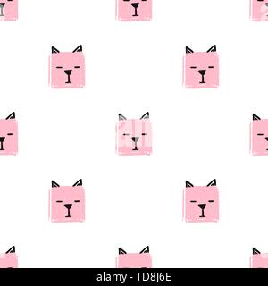 Kawaii Quadrate Katzen nahtlose Muster. Vektor Hand zeichnen Hintergrund mit den Gesichtern der Katzen. Endlose Hintergrund Bleistift Textur von Quadraten in Pastelltönen Stock Vektor