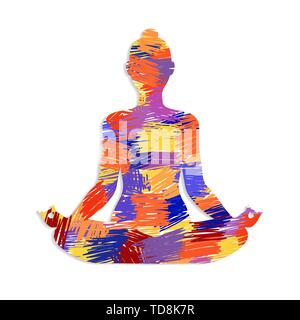 Frau Silhouette, Lotus yoga Pose mit bunten abstrakte Kunst Design. Zen Meditation Konzept. Stock Vektor