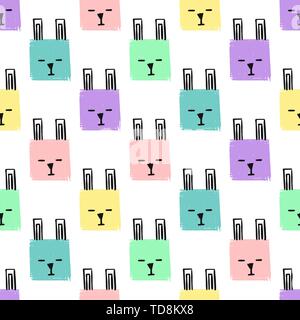 Kawaii Quadrate Kaninchen nahtlose Muster. Vektor Hand zeichnen Hintergrund mit den Gesichtern von Kaninchen. Endlose Hintergrund Bleistift Textur der Plätze in Pastell Stock Vektor