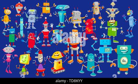 Cartoon Illustration von lustigen Roboter oder Droiden Fantasy oder Science Zeichen riesige Gruppe Stock Vektor